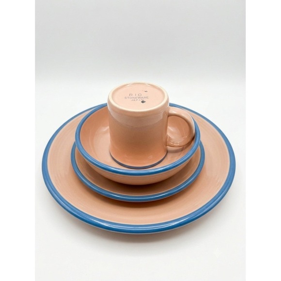 Rio Stoneware Other - Vintage Rio Stoneware Japan 4 Pc Place Setting Pink Blue Rim MCM Plates Mug Bowl